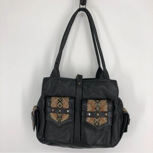 John Cole Satchel Bag Leather‎ Woven Tapestry Bag Black Zip Snaps Boho Chic
